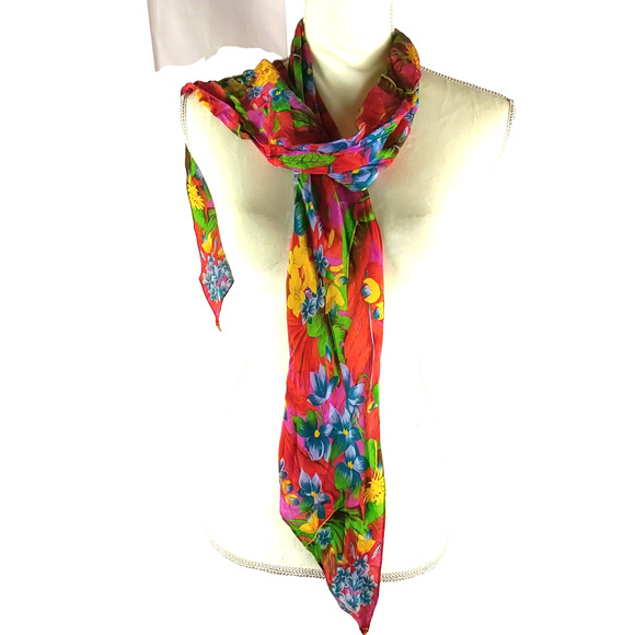 Scarf Rectangle Narrow Thin 66" X 6" Red Yellow Blue Hawaiian Floral - Picture 6 of 8